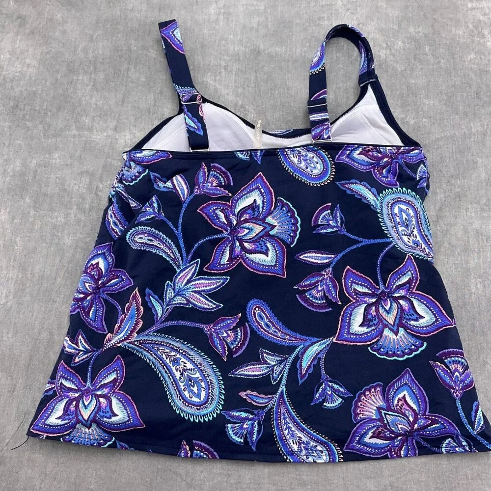 Lands End Tankini Top Women 6 Blue Purple Floral Paisely Layered Bra Wide‎ Strap